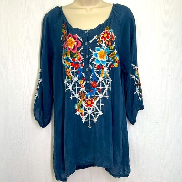 Johnny Was - Blue Embroidered Floral Boho Pullover Long Sleeve Blouse Size Sm - Picture 2 of 14